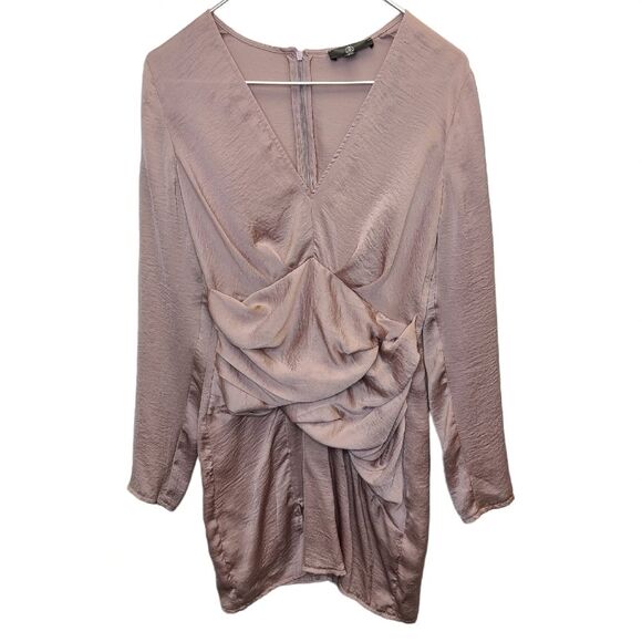 Missguided Dresses & Skirts - Missguided Pink Plunge Neck Silky Long Sleeve Panelled Thigh Slit Mini Dress 4